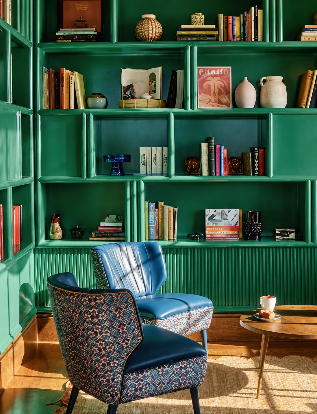 Emerald green custom library millwork at Heimat Gym